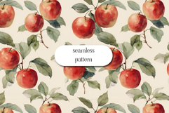 Watercolor Apple Seamless Pattern with Leaves on Cream Product Image 1