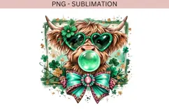 St Patrick’s Day Highland Cow PNG | Shamrock Cow With Bow Product Image 2