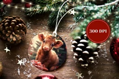 Christmas Cow Round Ornament, Highland Cow Sublimation PNG Product Image 2
