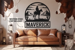 Rustic cowboy SVG name sign design with horse rider and western desert style. Ideal for wooden signs, farmhouse décor, rodeo wall art, Cricut and Silhouette craft projects.