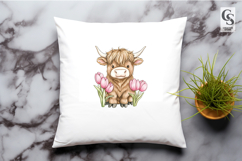 Highland Cow With Pink Tulips Clipart Sublimation PNG Product Image 2