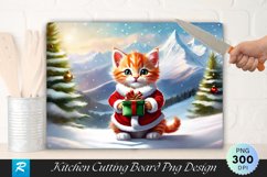 Santa Kitten with Gift and Snowy Mountains Cutting Board PNG Product Image 1