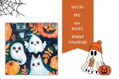 Watercolor Halloween Ghost Square Coasters, Halloween Print Product Image 2