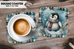 Penguin, Birds &amp; Others, Buffalo Plaid Square Coaster PNG Product Image 1