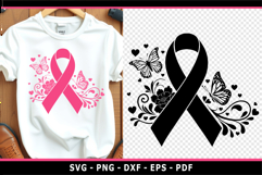 Black, pink breast cancer ribbon awareness floral butterfly Product Image 2