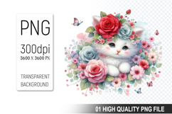 Floral Cat Clipart PNG, Cute Watercolor Animal with Flowers Product Image 1
