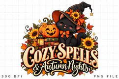 Cozy Spells Autumn Cat PNG, Cute Black Witch Cat with Product Image 3