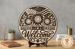Patriotic Sunflower Welcome Sign SVG, American Flag Round Product Image 1