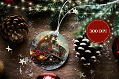 Christmas Ornament PNG, Christmas Train Round Ornament Product Image 2