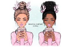 Pink Christmas Girl with Coffee | Winter PNG Product Image 1