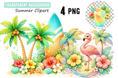 Tropical Summer Clipart with Flamingo &amp; Surfboard 4 PNG Product Image 1