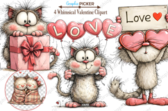 Whimsical Cats Valentine's Day Clipart, Valentine's Day PNG Product Image 1