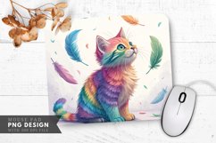 Colorful Whimsy Rainbow Cat and Feathers Mouse Pad PNG Product Image 1