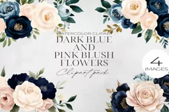 Dark Blue & Blush Pink Flowers Clipart PNG. Product Image 1