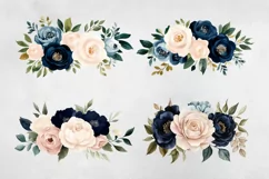 Dark Blue & Blush Pink Flowers Clipart PNG. Product Image 3