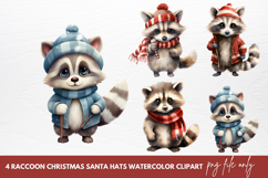 Raccoon Christmas Santa Hats Watercolor Clipart Product Image 1
