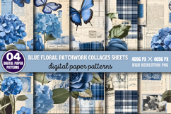 Blue Floral Patchwork Collages Sheets Digital Paper Patterns Product Image 1