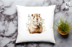 Watercolor Marmot Holding Flower Bouquet Clipart PNG Product Image 3