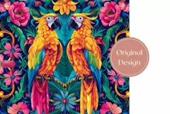 Ara Parrot Tumbler Wrap, Neon Tropical Flowers Tumbler PNG Product Image 2