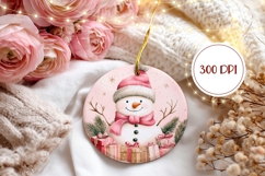 Watercolor Snowman Ornament, Pink Christmas Round Ornament Product Image 2