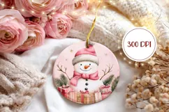 Watercolor Snowman Ornament, Pink Christmas Round Ornament Product Image 2