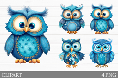 Denim Patchwork Owl Clipart. Denim Patchwork Owl Sublimation Product Image 1