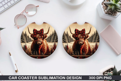 Highland cow Car Coaster Sublimation| Christmas Coaster PNG Product Image 1