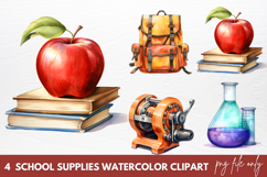 School Supplies Watercolor Clipart, Back to School Clipart Product Image 1