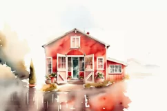 Red Farmhouse clipart, Watercolor house, Red Farm 14 PNG Product Image 3