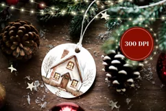Watercolor Christmas Ornament, Winter House Round Ornament Product Image 2