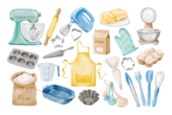 Watercolor Baking Supplies Clipart Set, Kitchen Utensils PNG Product Image 2