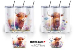 3D Highland Cow Floral| Tumbler Sublimation Wrap Product Image 3