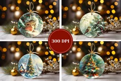 Watercolor Winter Ornament, Christmas Village Round Ornament Product Image 2