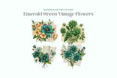 Watercolor Emerald Green Vintage Flowers Clipart Product Image 2