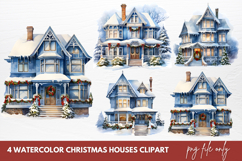 Watercolor Christmas houses clipart Product Image 1
