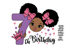 Black Girl Clipart 7th Birthday SVG Afro Puffs Glitter Bows Product Image 2