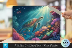 Sea Turtle in Glowing Coral Reef Cutting Board PNG Product Image 1