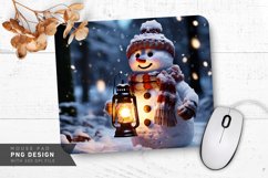 Snowman Holding Lantern in Snow Covered Forest Mouse Pad PNG Product Image 1