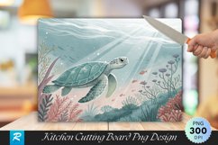 Serene Turtle in Pastel Underwater Scene Cutting Board PNG Product Image 1