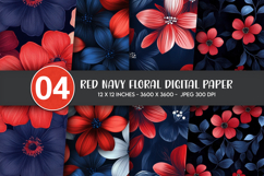 Red Navy Floral Digital Paper Product Image 1