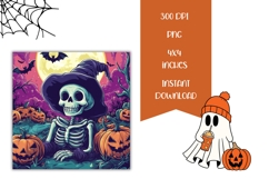 Neon Halloween Skull Square Coasters, Cartoon Pumpkins PNG Product Image 2