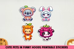 Cute pets in funny hoods printable stickers|Kawaii animals. Product Image 1