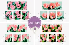 Pink Tulips Mug Wrap Designs, Cartoon Flowers Mug Template Product Image 2