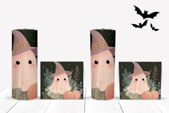 Pink Ghost Tumbler Wrap, Glitter Halloween Pumpkin PNG Product Image 2