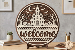Halloween Welcome Round Sign SVG Haunted House Laser Cut Product Image 1