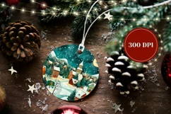 Cartoon Village Round Ornament, Cozy Winter Night Ornament Product Image 2