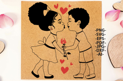 Valentine SVG PNG Kids Kissing with Rose, Black Love Clipart Product Image 2