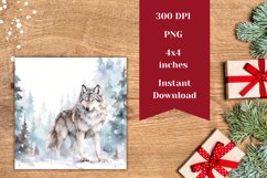 Christmas Square Coaster, Watercolor Wolf Sublimation Design Product Image 2