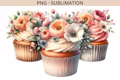 Watercolor Dessert Prints, Floral Cupcakes Png Instant Product Image 1