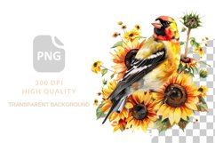 Watercolor Goldfinch Clipart, Sunflowers Garden Small Birds Product Image 2